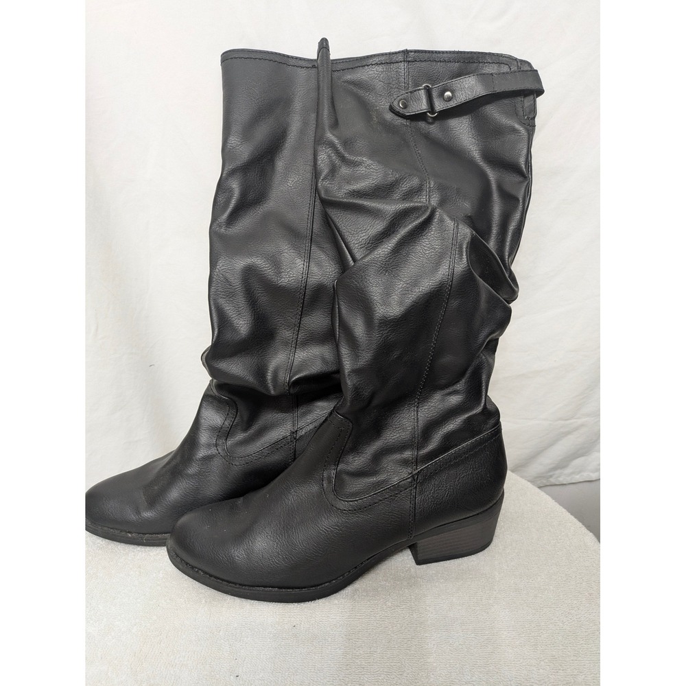 Time and Tru Womens Black Slouchy Knee High Boots Size 9 Buckle Detail Low Heel